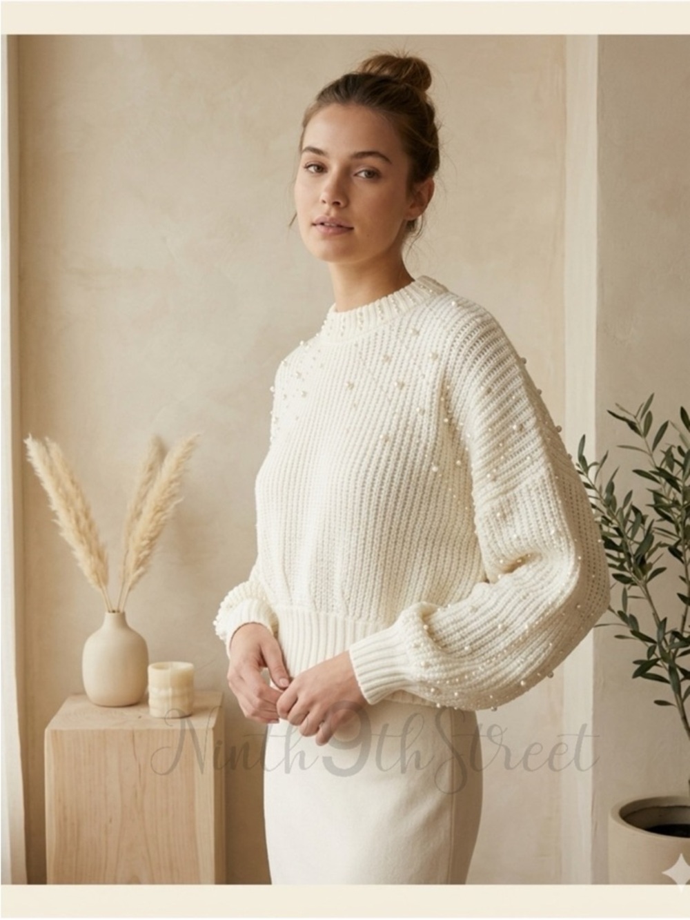 Farm Rio Pearl Embroidered Bubble Sweater Off White Knit NWT Medium - Picture 3 of 16